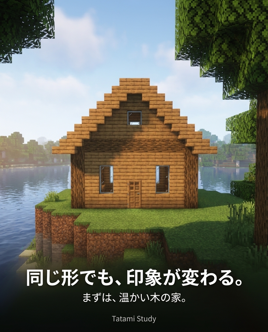 TatamiStudy's tweet photo. 同じ形の家を、木・石・夜の灯り・白い壁で見比べてみる。山の中に建てるならどれ？ 海の近くなら？
#マイクラ建築 #TatamiStudy https://t.co/Nl2biK0bE2