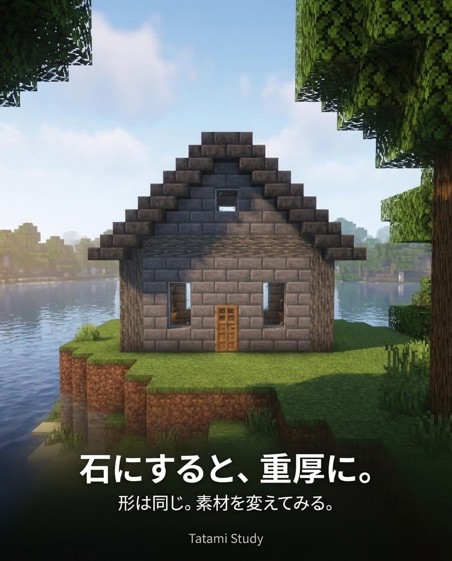 TatamiStudy's tweet photo. 同じ形の家を、木・石・夜の灯り・白い壁で見比べてみる。山の中に建てるならどれ？ 海の近くなら？
#マイクラ建築 #TatamiStudy https://t.co/Nl2biK0bE2