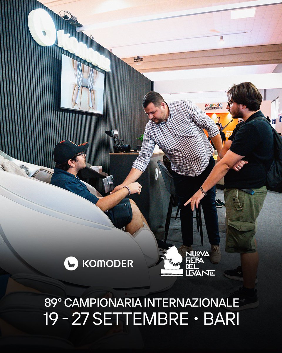 komoder's tweet photo. Komoder is back in Bari for the 89th edition of Nuova Fiera del Levante 🇮🇹

Ideas will be exchanged. Cultures will connect. Backs will… finally relax. 😌

If you are in Italy in the second part of September, come meet our massage chairs, where smart tech, sleek design and serious comfort come together.

😉 Networking is great. But have you tried networking from a massage chair?

📍Lungomare Starita, 4, Bari, Italy (Padiglione Arredamento - Benessere e Relax -, Stand 37 - 38)
 📅 19-27 September 2026
 🕒 10:30 - 20:30

#Komoder #MassageChair #MassageTherapy #RelaxAndRecharge #Wellbeing #WellnessRoutine #StressRelief #FieraDelLevante