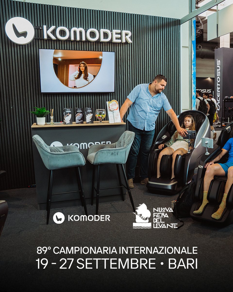 komoder's tweet photo. Komoder is back in Bari for the 89th edition of Nuova Fiera del Levante 🇮🇹

Ideas will be exchanged. Cultures will connect. Backs will… finally relax. 😌

If you are in Italy in the second part of September, come meet our massage chairs, where smart tech, sleek design and serious comfort come together.

😉 Networking is great. But have you tried networking from a massage chair?

📍Lungomare Starita, 4, Bari, Italy (Padiglione Arredamento - Benessere e Relax -, Stand 37 - 38)
 📅 19-27 September 2026
 🕒 10:30 - 20:30

#Komoder #MassageChair #MassageTherapy #RelaxAndRecharge #Wellbeing #WellnessRoutine #StressRelief #FieraDelLevante