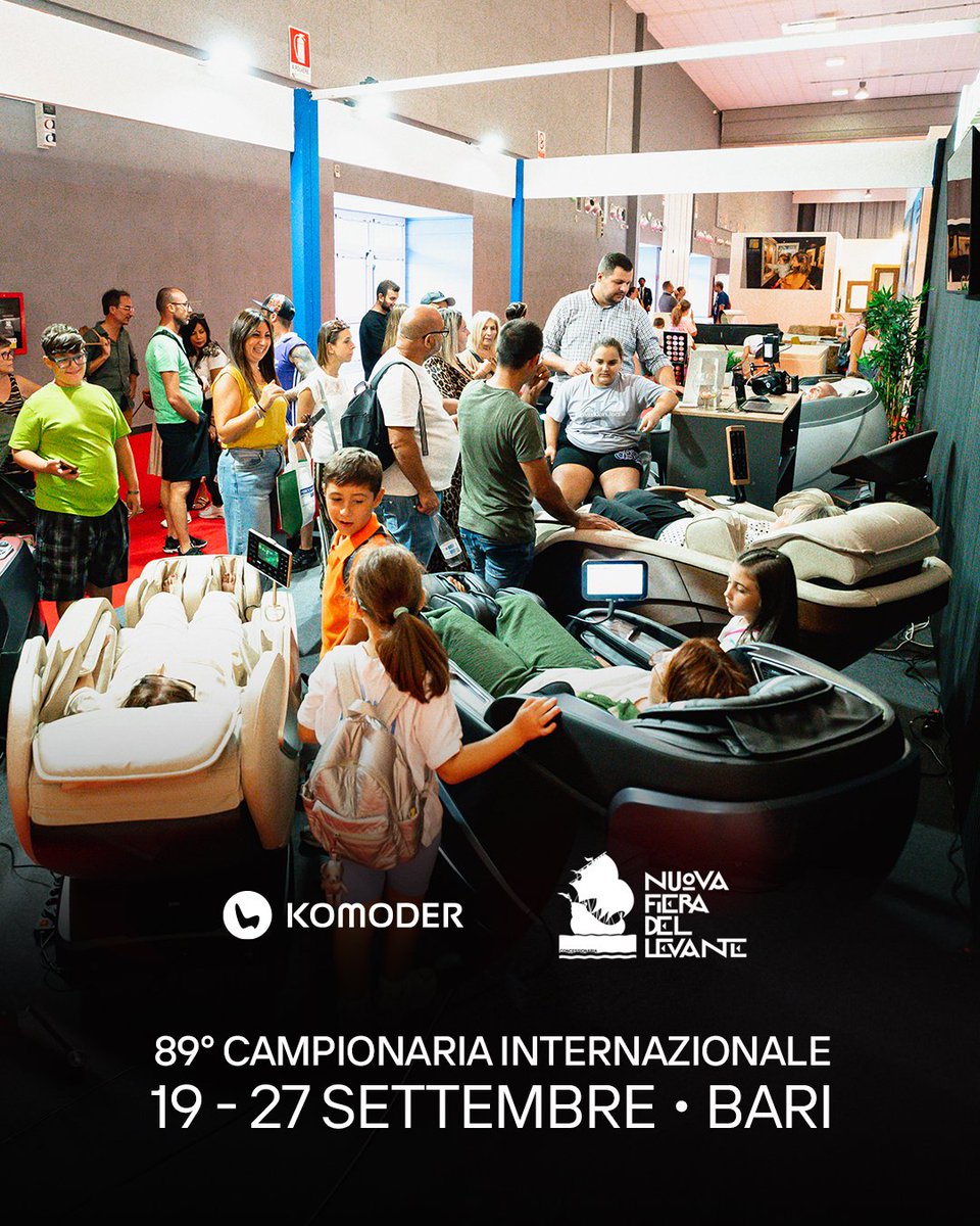 komoder's tweet photo. Komoder is back in Bari for the 89th edition of Nuova Fiera del Levante 🇮🇹

Ideas will be exchanged. Cultures will connect. Backs will… finally relax. 😌

If you are in Italy in the second part of September, come meet our massage chairs, where smart tech, sleek design and serious comfort come together.

😉 Networking is great. But have you tried networking from a massage chair?

📍Lungomare Starita, 4, Bari, Italy (Padiglione Arredamento - Benessere e Relax -, Stand 37 - 38)
 📅 19-27 September 2026
 🕒 10:30 - 20:30

#Komoder #MassageChair #MassageTherapy #RelaxAndRecharge #Wellbeing #WellnessRoutine #StressRelief #FieraDelLevante