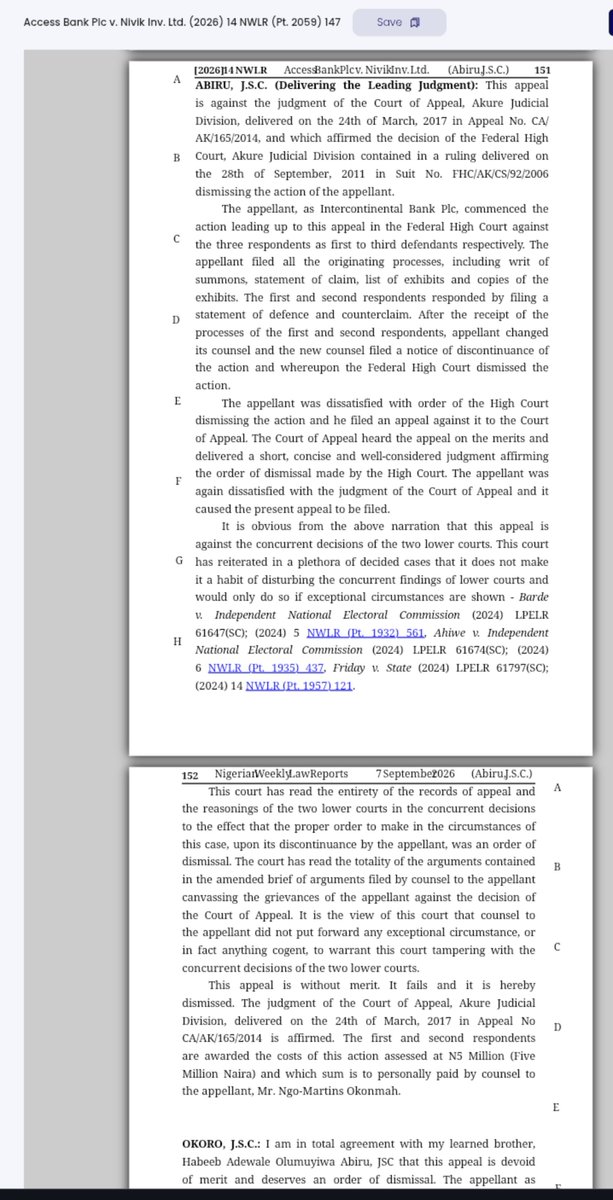 I_B_Garba's tweet photo. The briefest Supreme Court judgment I have read in a while. ⚖️😂
Just 4-minutes Read. 

The story is simple: He filed a case, issues were joined, and he applied to discontinue it. The Court dismissed it. Surprisingly, he then appealed to the Court of Appeal, challenging the dismissal. Perhaps he preferred a strike-out, so he could bring the action again whenever convenient.😂 The Court of Appeal affirmed the dismissal.

He went to the Supreme Court, dismissed again. The Supreme Court equally affirmed that where issues have been joined and a party thereafter applies to discontinue the action, the proper order is one of dismissal.

And for the grand finale: ₦5 million costs personally against his counsel. 😂