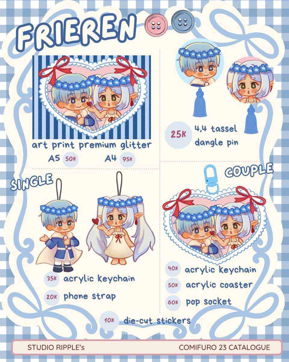 studio_ripple's tweet photo. LAST TWO DAYS TO ORDER !!
(1/2) #Comifuro23 Pre-order is now open only 17 September 2026!! Now available for both Pick up & Mail Order✨

🌷NANA, Frieren, Haikyuu, Witch Hat Atelier, Original Character

⭐️ RTs, loves, and saves are much appreciated !! #cf23 #comifurocatalogue 

Link: https://t.co/m68hIQro8G