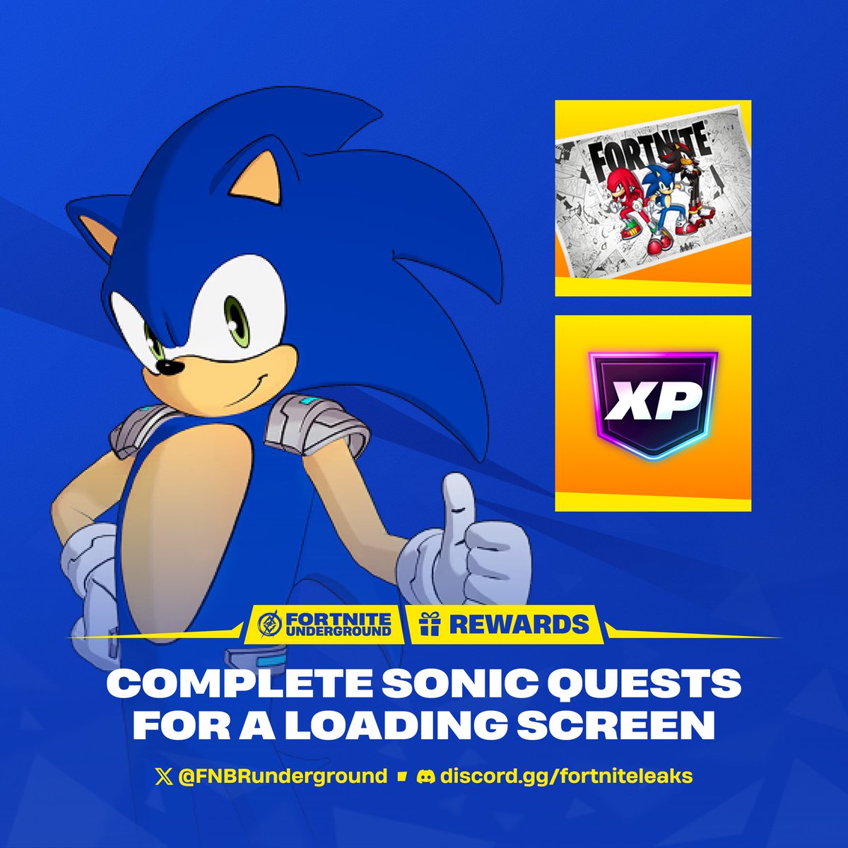 FNBRunderground's tweet photo. New Sonic Quests are live now in #Fortnite 🔵 

Collect Rings, defeat Dr. Eggman, and complete other Sonic-themed challenges to earn Battle Pass XP and a free Loading Screen.

⏰ Ends October 1 https://t.co/p36YXpZ54a