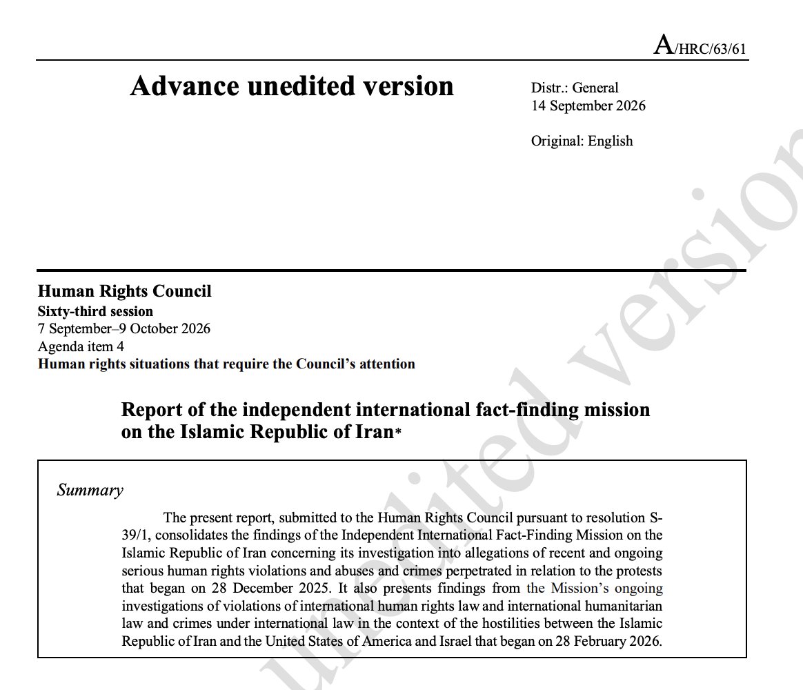 AdHaque110's tweet photo. Independent International Fact-Finding Mission on Iran finds reasonable grounds to believe that:

Iran committed crimes against humanity in suppressing January protests

the United States committed war crimes in Minab and Lamerd attacks. https://t.co/ZlZA1OuqBv