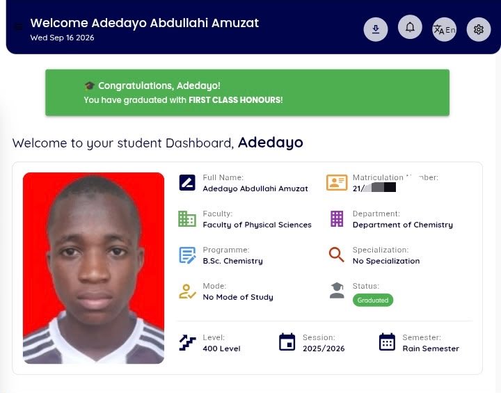 thebigabdul_'s tweet photo. A little late because the department released our results late, but some achievements are worth the wait. 🎓

✅https://t.co/xvun8Zu0PS. Chemistry — First Class Honours
4.9+/5.0 CGPA 🎓

✅Elected as President, Students’ Chemical Society of Nigeria (SCSN), UNILORIN Chapter.

✅Appointed as National Vice President, North Central Region, SCSN National Headquarters.

✅1st Runner-up, SCSN National Inter-University Chemistry Competition. 🥈

✅Recipient of undergraduate research grant and scholarships. 🏆

And after everything…

All I can say is AlhamduliLlah. 🤍

What a journey it has been.