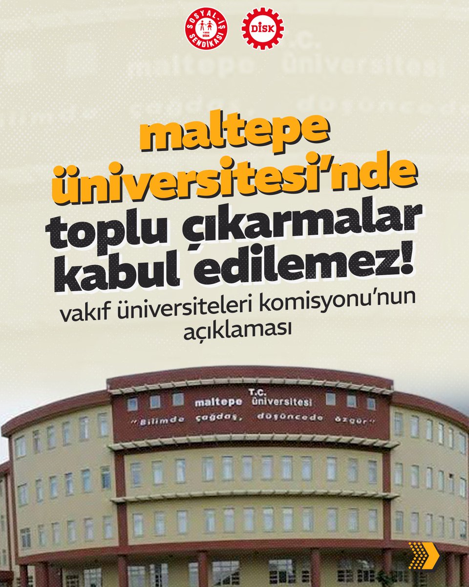 sosyalissendika's tweet photo. Maltepe Üniversitesi’nde toplu işten çıkarmalar kabul edilemez!

🔴 Maltepe Üniversitesi’nde farklı bölümlerden 80’e yakın akademisyen gerekçe gösterilmeksizin işten çıkarıldı.

🎓 İşten çıkarmaların yarattığı belirsizlik nedeniyle öğrenciler ders seçimlerini gerçekleştiremiyor, eğitim süreçleri aksıyor.

💫 İşten çıkarılan akademisyenler ivedilikle görevlerine iade edilmeli; ticari kaygılar uğruna akademisyenlerin iş güvencesi ve öğrencilerin eğitim hakkı hiçe sayılmamalıdır.
