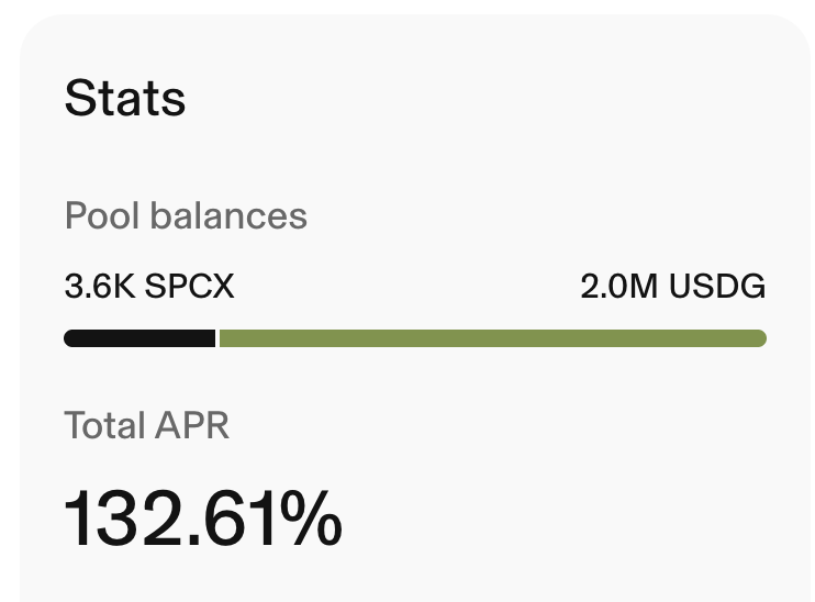 elong_rh's tweet photo. Decided to bet on Rockets today - compounding into the SPCX/USDG pool, which is yielding a cool 132% APR.

https://t.co/DaemKjxwrh https://t.co/3tajwUXwDq