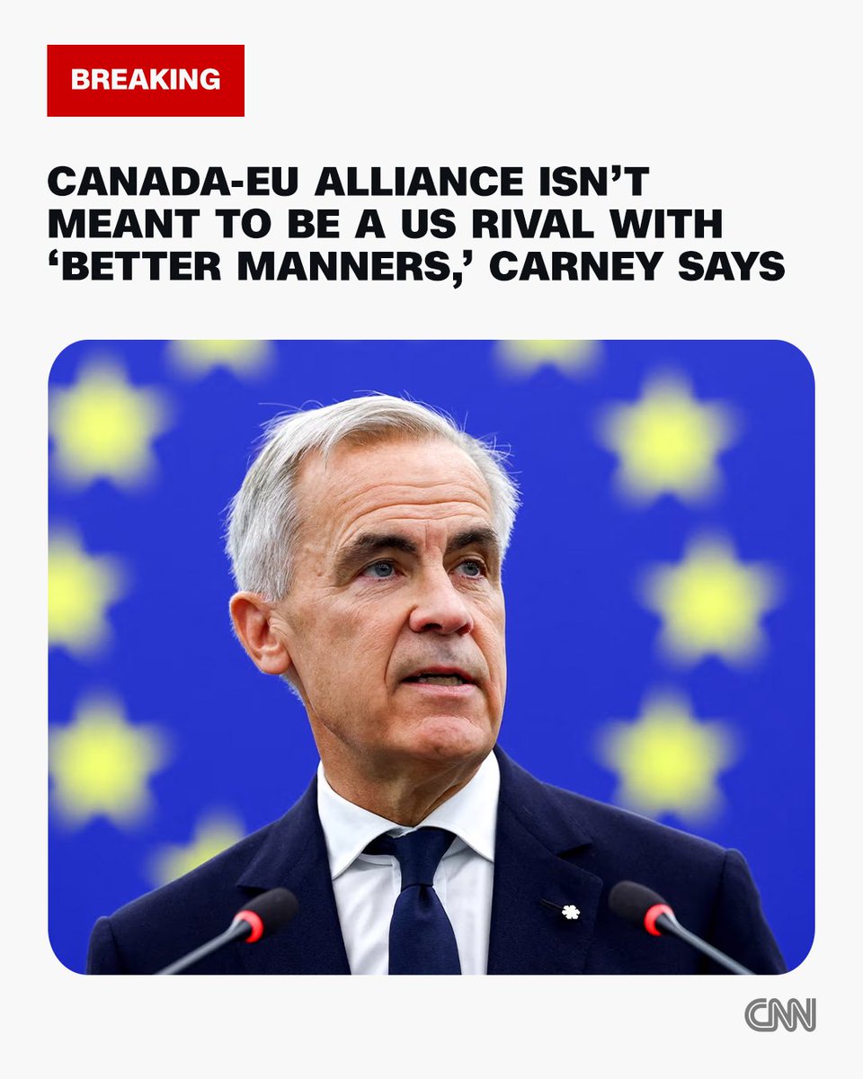 cnnbrk's tweet photo. Canadian Prime Minister Mark Carney takes a swipe at Trump, insisting Canada-EU alliance is more than a new geopolitical bloc with "better manners." https://t.co/HTdXDyaUgb https://t.co/BhMuqBTDlW