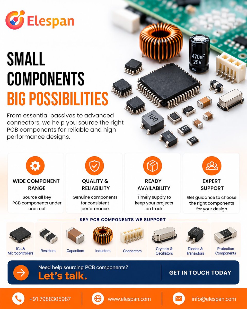elespan_1's tweet photo. Small Components. Big Possibilities. ⚡

Reliable PCB components, a wide product range, ready availability, and expert support — all under one roof.

Let’s build better, smarter designs with Elespan.

#Elespan #PCBComponents #Electronics #PCB #ElectronicComponents https://t.co/91zLL1Md0q