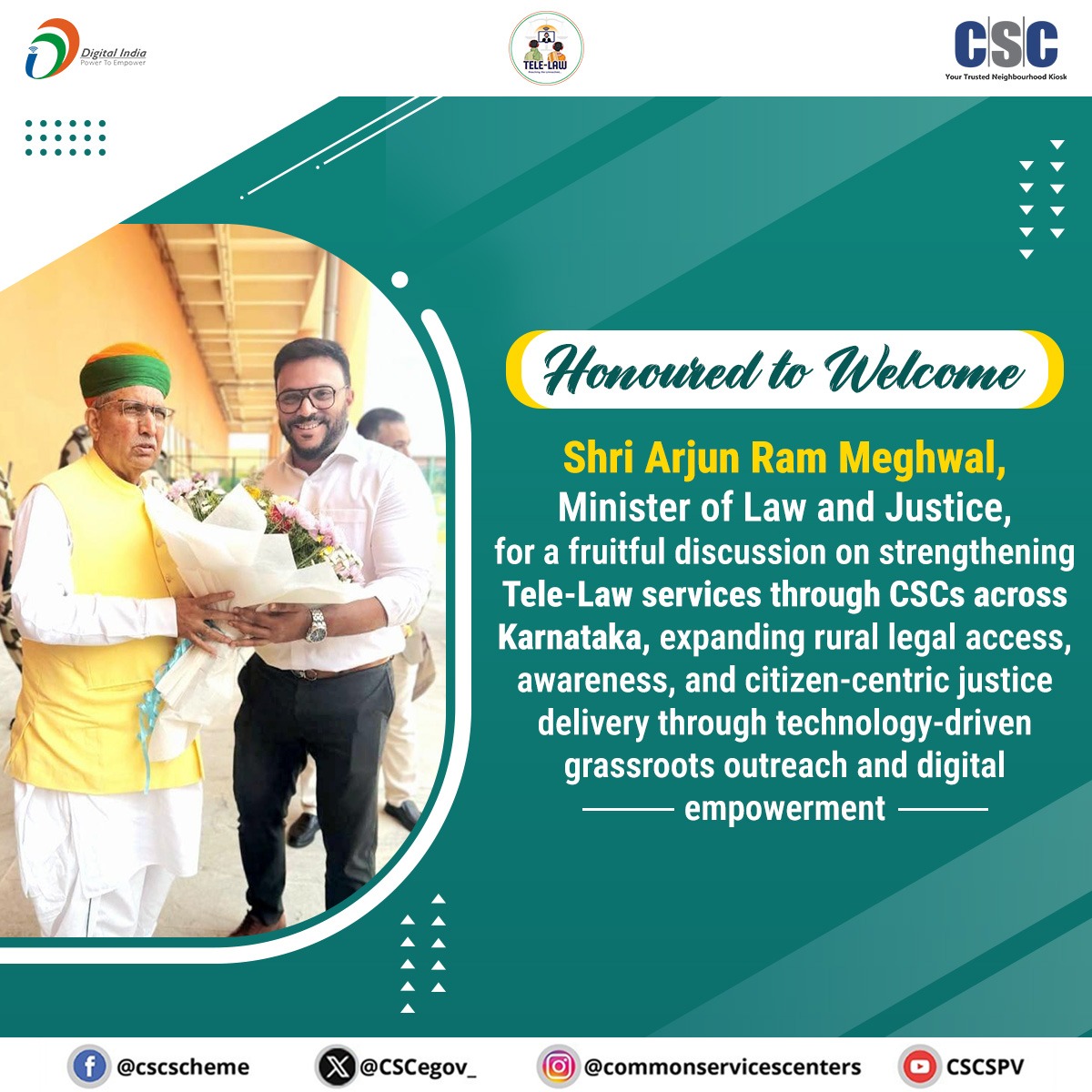 CSCegov_'s tweet photo. Honoured to welcome Sh. Arjun Ram Meghwal, Minister of Law and Justice, for a fruitful discussion on strengthening #TeleLaw services through CSCs in Karnataka, expanding rural legal access &amp; citizen-centric justice delivery through technology-driven grassroots outreach.

#CSC https://t.co/6bUwHn5ns5
