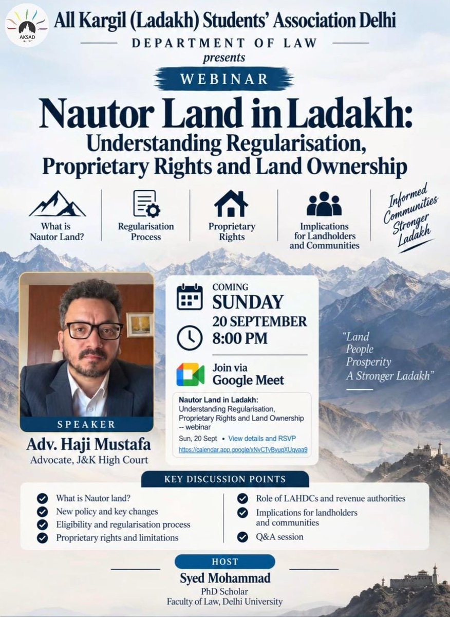 Aksad4u's tweet photo. The Department of Law, All Kargil (Ladakh) Students’ Association Delhi, presents:
📚 Nautor Land in Ladakh
🎙️ Adv. Haji Mustafa, Advocate, J&amp;K High Court
📅 20 September | 🕗 8:00 PM
🔗 Register:
https://t.co/TGr5jgqdu3 https://t.co/t89s0kFCgA