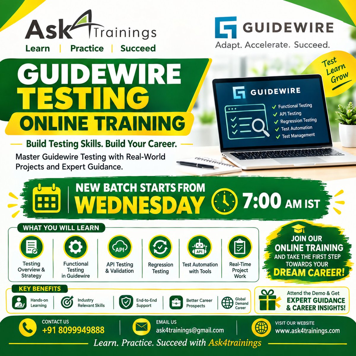 ask4trainingsco's tweet photo. 🗓️ New Batch Starts: Wednesday | 7:00 AM IST
📞 Contact Us: +91 8099949888
📧 Email: ask4trainings@gmail.com
🔗 Course Link:
 https://t.co/xmrSfDmiLM
#GuidewireTesting #GuidewireTestingTraining #GuidewireOnlineTraining #GuidewireCourse #GuidewireTraining #SoftwareTesting https://t.co/xOZZz0nLHY
