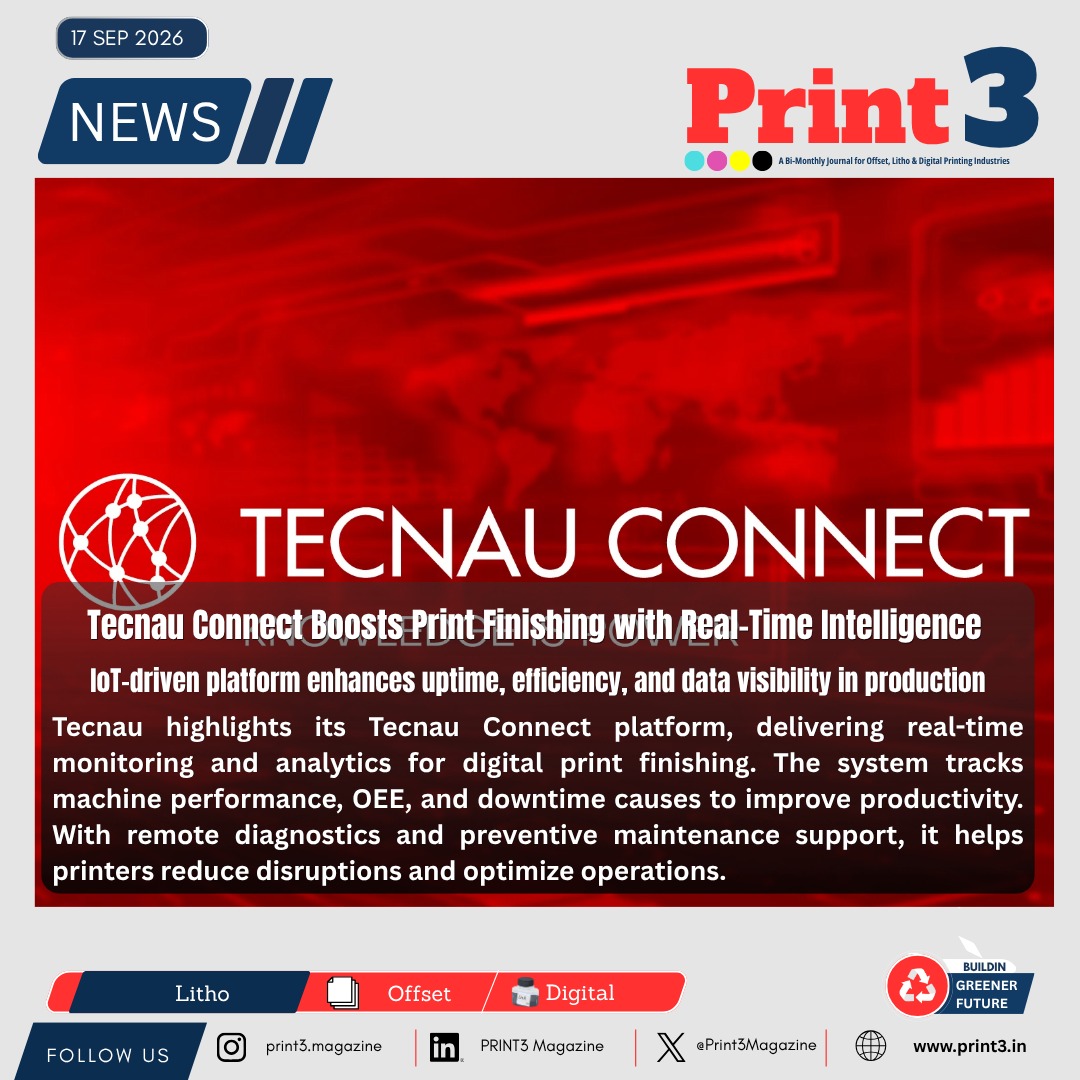 Print3Magazine's tweet photo. Tecnau Connect Brings Real-Time Production Intelligence to High-Speed Digital Print Finishing.

https://t.co/MV0C1o8qh9

#Tecnau #TecnauConnect #PrintFinishing #IndustrialIoT #SmartManufacturing #DigitalPrinting #OEE #Automation #PrintTechnology #WorkflowOptimization https://t.co/1yE0L39Nt8