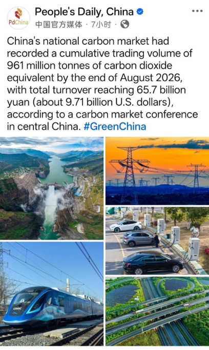 CN_Emb_SL's tweet photo. China's national carbon market had recorded a cumulative trading volume of 961 million tonnes of carbon dioxide equivalent by the end of August 2026, with total turnover reaching 65.7 billion yuan (about 9.71 billion U.S. dollars).
view more: https://t.co/WZ4LphYlNj https://t.co/QrJtKVY5yV