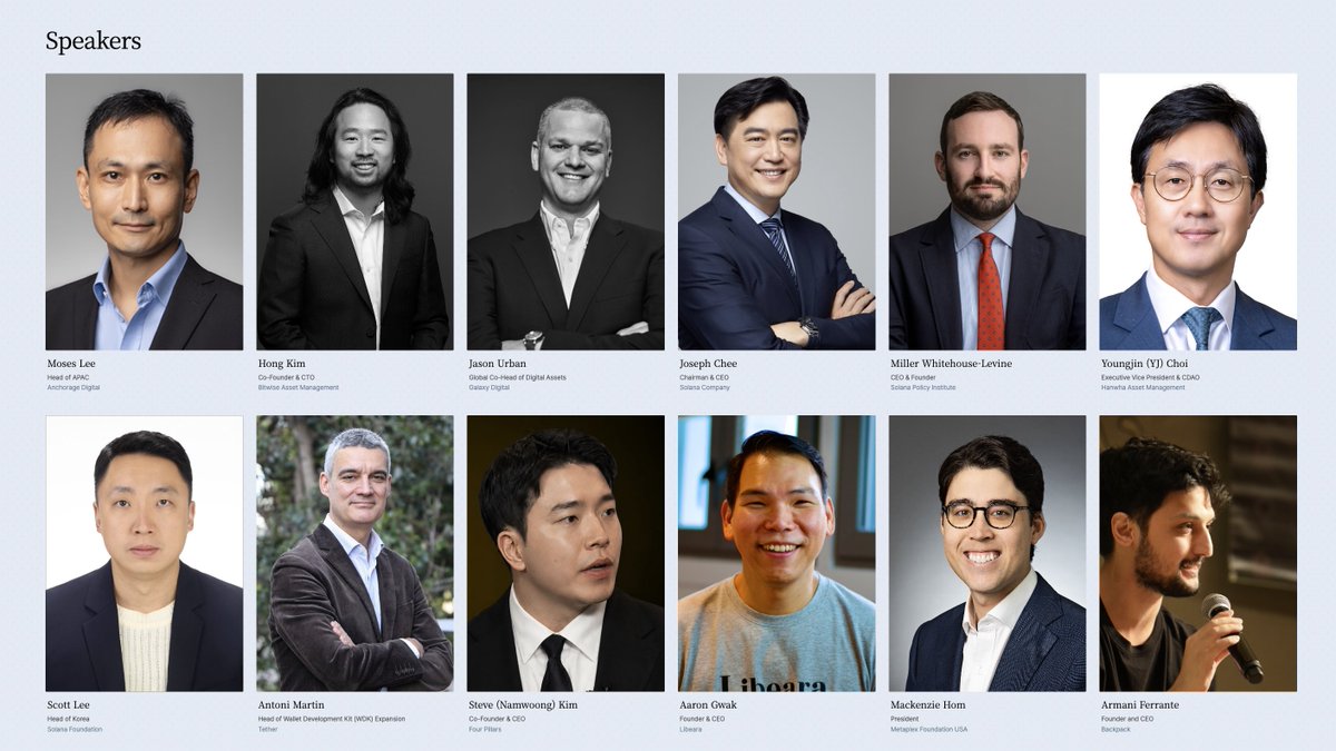 SuperteamKorea's tweet photo. 3/ 40+ speakers joined by major Korean institutions including Shinhan Asset Management, Hanwha Asset Management, Shinhan Card, Jeonbuk Bank, Dozn, DB Securities, Mirae Asset Securities, and Shinhan Investment Securities, alongside global partners @SolanaInstitute, @BitwiseInvest, @galaxyhq, @Solana_Company, @tether, @metaplex, @jito_labs, @sanctumso, @Backpack, @orca_so, @doublezero, @Figure, @kamino_finance, @D3inc, @libeara_, @Anchorage, @IBM, @BitGo, @soter_insure, @NoditPlatform, @nodeinfra, @sphere_labs, @botanika_sol .