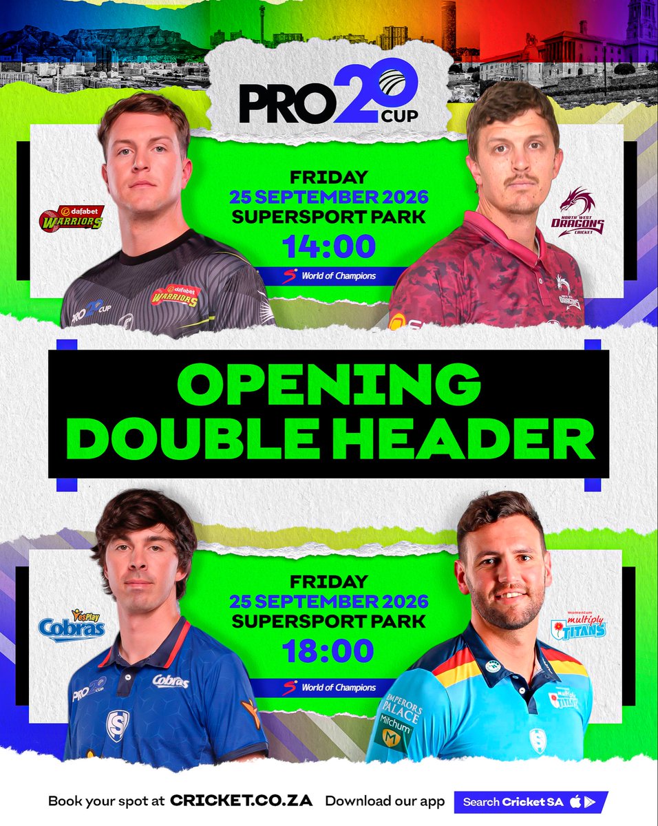 DomesticCSA's tweet photo. IT STARTS HERE! ποΈπ
The inaugural #Pro20Cup gets underway with a blockbuster opening day at SuperSport Park! ππΎ
Two games. One venue. The best teams from across Mzansi ready to set the tone. πΏπ¦
#Pro20Cup #DCSA https://t.co/OgAgj9Ldyj