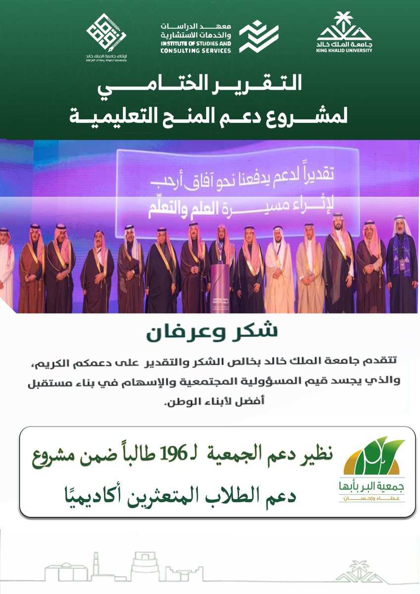 BirAbha's tweet photo. جامعة الملك خالد تشكر «بر أبها» على دعم  الطلاب المتعثرين أكاديمياً

ثمّنت جامعة الملك خالد دعم جمعية البر بأبها لمشروع دعم الطلاب المتعثرين أكاديمياً، والذي أسهم خلال عام 2026م في دعم 196 طالبًا ، تعزيزًا لفرصهم التعليمية ومساندةً لمسيرتهم الأكاديمية.

ويأتي هذا الدعم امتدادًا لدور الجمعية في تعزيز المسؤولية المجتمعية، وتمكين المستفيدين تعليميًا، والإسهام في بناء مستقبل أفضل لأبناء الوطن.

#جمعية_البر_بأبها