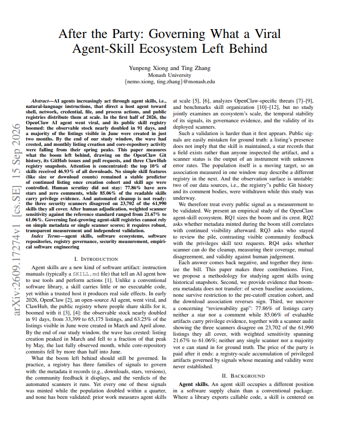 damkina7's tweet photo. 85% OF PUBLIC AGENT SKILLS ARE AN ATTACK VECTOR

YOUR SECURITY SCANNERS DISAGREE ON 38% OF THEM

Every time a team imports third-party agent skills, they assume static security filters protect the host.

They don’t

A massive empirical audit analyzed 61,990 autonomous agent skills across public registries.
Automated security scanners disagreed on 23,702 of them, while 85.06% of skills carried direct privilege escalation evidence.

Here is what the real attack surface looks like:

→ The Privilege Epidemic - bash, network sockets, file access, credentials. 85.06% of public skills request direct host execution. 77.8% of them have zero community stars or peer review.

→ Scanner Discordance - 3 leading automated scanners contradicted each other on 38.2% of skills. If automated security tools can't reach consensus on malicious intent, asking an LLM to "be careful" is pure theater.

→ AST Pre-Execution - static syntax trees over text regexes. Block blacklisted syscalls, dynamic imports (eval, exec), and remote socket opening at the parse level before code ever runs.

→ Ephemeral Sandboxes - Firecracker microVMs with sub-5ms boot times and eBPF egress probes. Destroy the microVM after every single tool execution. Zero persistent state drift.

→ The Pattern - parse the AST, air-gap the kernel, snapshot the disk, rollback on invariant failure. Four mechanical barriers between the agent and your infrastructure.

Never run autonomous agent tools on bare metal

Bookmark this security checklist for your infrastructure team ↓