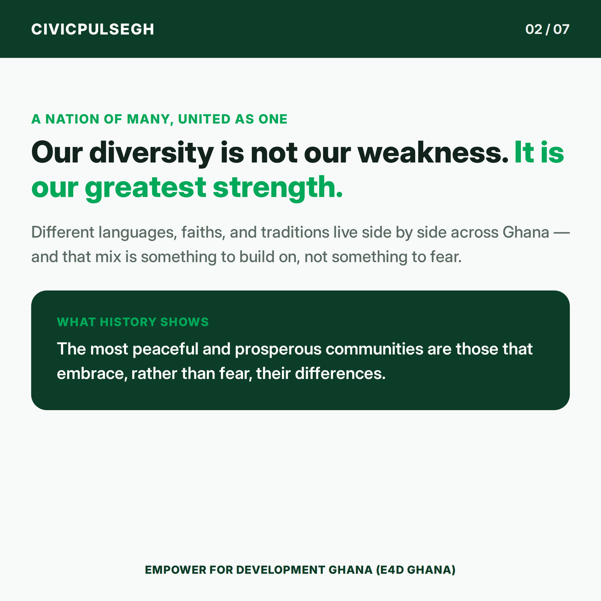 e4dghana's tweet photo. Ghana’s strength is in our diversity.

With over 100 individual sub-ethnic groups, many languages, faiths and traditions, our differences can bring us together, not divide us.

(1/2) 

#CivicPulseGH #SocialCohesion #Ghana #E4DGhana https://t.co/NKv96LycLY