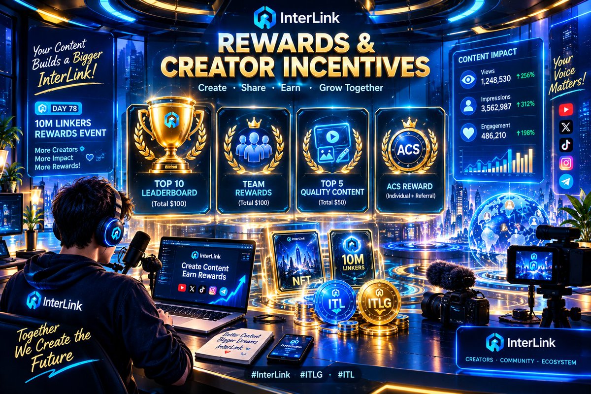 AloneKumar30696's tweet photo. Rewards &amp; Creator Incentives
A futuristic content creator studio celebrating InterLink Day 78, large holographic trophies representing Top 10 Leaderboard, Team Rewards, Top 5 Quality Content and ACS rewards, digital analytics showing impressions and views, #InterLink #ITLG #ITL https://t.co/Nm2LLKXa0a