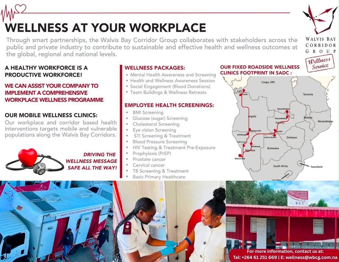 _WBCG's tweet photo. Visit our Wellness Roadside Clinics along the corridors and take a step towards a healthier journey as we provide essential on-the-go healthcare services for truck driver, corridor users and surrounding communities.

For more information, call Mr. Kenneth Kamwi on +264 81 379 0140 or via email kennethk@wbcg.com.na.

#WBCG #WBCGWellnessServices #WBCGRoadsideClinic #Angola #DRC #Namibia #Zambia