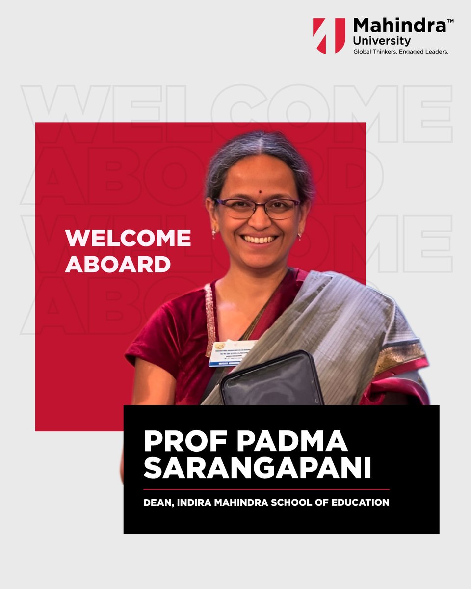 MahindraUni's tweet photo. Mahindra University welcomes Prof Padma Sarangapani as Dean – Indira Mahindra School of Education. Prof Sarangapani’s extensive experience in education and academic leadership will contribute meaningfully to the continued development of @IMSE_MU. 

#MahindraUniversity https://t.co/QRwTEoeK8Y