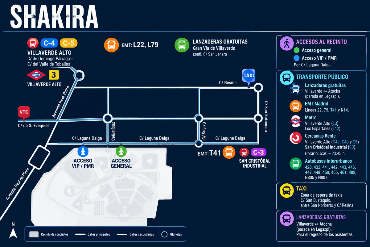 policiademadrid's tweet photo. 🚗 PLAN DE MOVILIDAD – CONCIERTOS DE SHAKIRA  (18, 19, 20, 25, 26 y 27 de septiembre y 2, 3, 4, 9, 10 y 11 de octubre de 2026)

➡️Acceso peatonal: c/ Laguna Dalga, frente a 36-38.
➡️Lanzaderas gratuitas: Villaverde–Atocha, con parada en Legazpi, para el regreso.
🚍EMT: 22, 79, T41 y N14.
🚇Metro: Villaverde Alto (L3) y Los Espartales (L12).
🚆Cercanías: Villaverde Alto (C4a, C4b, C5) y San Cristóbal Industrial (C3). 5:30–23:45 h.
🚕Taxi: c/ San Eustaquio, entre San Norberto y c/ Resina.
https://t.co/yQoOhABqP8