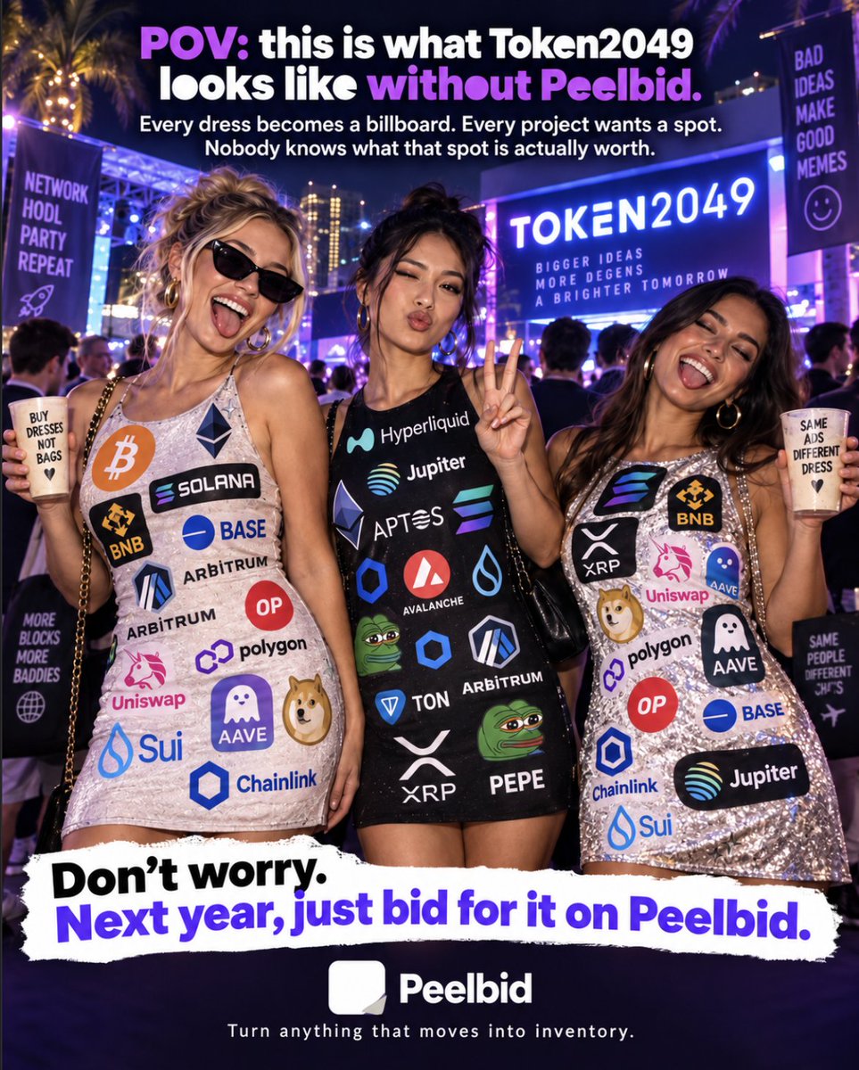 Peelbid's tweet photo. POV: this is what will #Token2049 looks like without Peelbid.

Every dress becomes a billboard.
Every project wants a spot.
Nobody knows what that spot is actually worth.
Don’t worry.

Next year, just bid for it on Peelbid.

Turn anything that moves into inventory.

Already live on #Arc mainnet. Join the waitlist now 👉 https://t.co/5wUTohYoR3