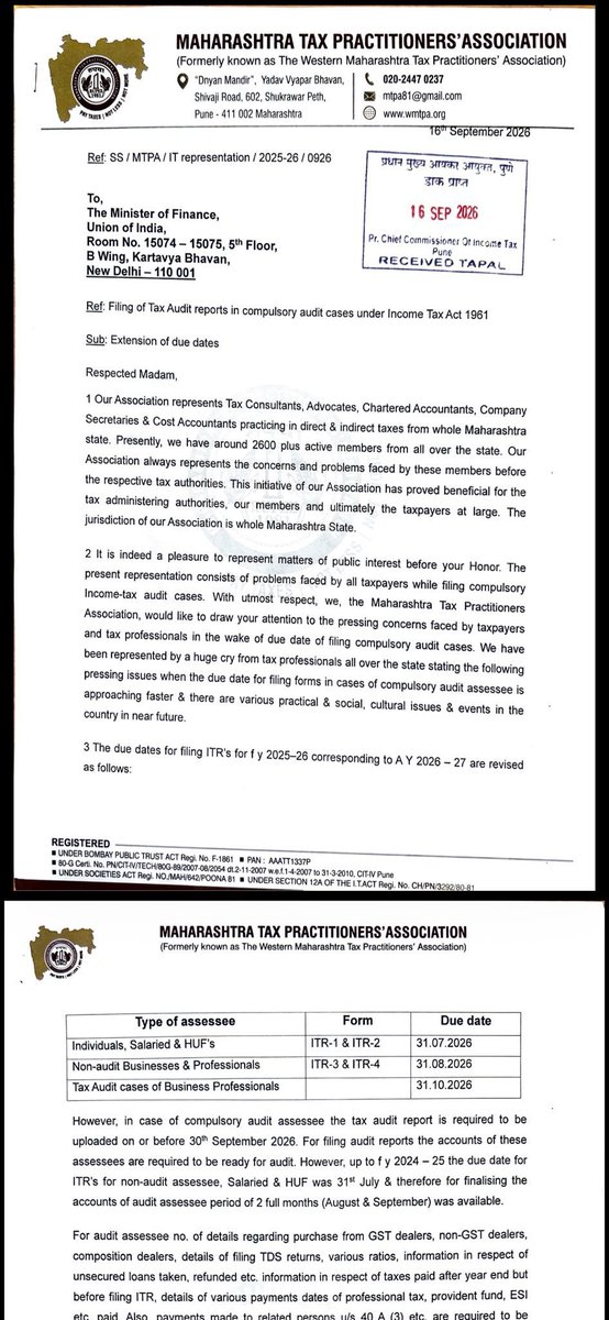 CANITINCHAWLA's tweet photo. 🚨 Breaking News: 
Call for Income Tax Extension! 

🚨The Maharashtra Tax Practitioners' Association has officially submitted a representation to the Hon'ble Finance Minister, requesting an extension for filing Tax Audit Reports and relevant Income Tax Returns (ITRs) for the current assessment year.

The association highlights major practical, social, and technical challenges faced by tax professionals and assessees across the country as the September 30 deadline approaches.

Follow the Tax Talk with CA Nitin Chawla A.C.C.A channel on WhatsApp: 👇 https://t.co/7KtKmuv6rW

#IncomeTaxExtension #TaxAuditExtension #TaxReform #FinanceMinistry #TaxPractitioners #ITRFilings #DirectTax