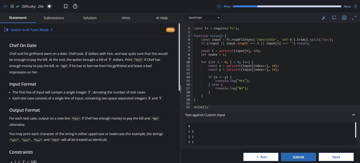 AkkalAbhishek's tweet photo. Day 151 of Coding
Solved another CodeChef problem — Chef On Date.
Compared the money Chef has with the bill amount using a simple condition.
Time Complexity: O(T)
Space Complexity: O(T)
#Day151 #CodeChef #JavaScript #365DaysOfCode https://t.co/gcoBeUdTSs