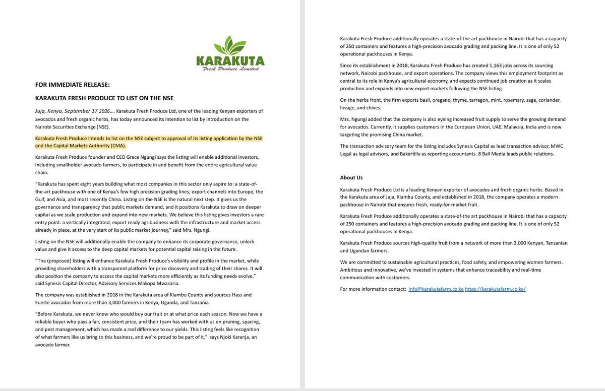 MwangoCapital's tweet photo. Karakuta Fresh Produce plans to list by introduction on the NSE, subject to approval by the NSE and CMA:

— Founded in 2018, the company exports avocados and fresh organic herbs, sourcing from more than 3,000 farmers across Kenya, Uganda and Tanzania.
— Karakuta operates a Nairobi packhouse with capacity for 250 containers and employs 1,163 people across sourcing, packing and export operations.
— Its key export markets include Europe, the Gulf and Asia, with China identified as a new growth market.