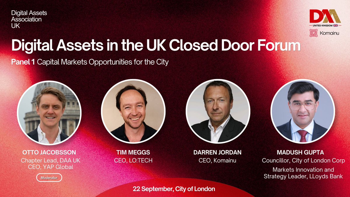 ukdigitalassets's tweet photo. 5 days to go!

Panel 1 - Capital Markets: Can tokenised equities revitalise London as a top capital markets hub?

Otto Jacobsson @YAPGlobal @TimMeggs @lo_tech  Darren Jordan @Komainu Madush Gupta @cityoflondon &amp; @LloydsBank 

22 Sept, 4pm Register on Luma via the link below https://t.co/veplaAQ9h3