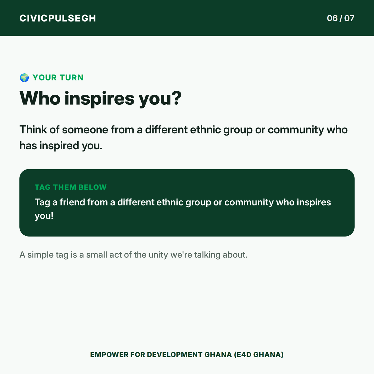 e4dghana's tweet photo. Unity starts with understanding, respect and relationships.

(2/2)

#CivicPulseGH #SocialCohesion #Ghana #E4DGhana https://t.co/AWX9DJs4Vu