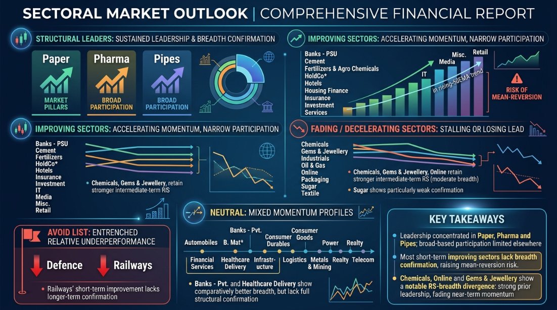 ProSetups_'s tweet photo. Paper, Pharma & Pipes are showing the strongest mix of trend + momentum.
• Rising 50EMA: Paper 67%, Pharma 59%, Pipes 56%
• Bullish Sync: Pipes 44%, Pharma 40%
• Fresh 52W highs: Pipes & Paper lead
• Near 52W highs: Healthcare Delivery, Pharma & Pvt Banks
Leadership pockets are clear - watch follow-through.