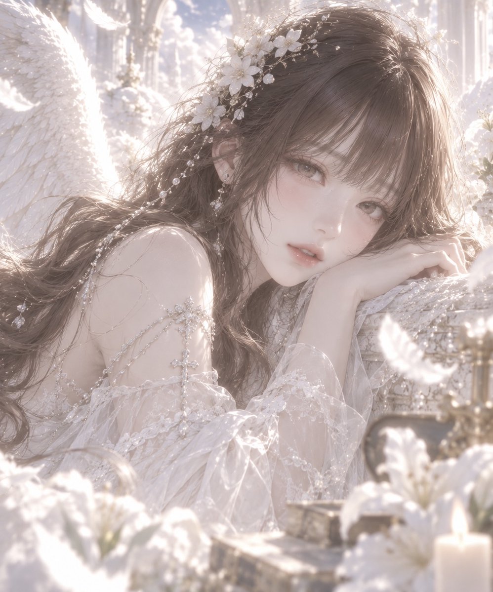 rin_eldie's tweet photo. mamiちゃん（@mamimi613）が、とっても素敵なイラストを描いてくれました🎨🌿
mamiちゃんこそ天使のような女性なのに、白い花々と羽根に包まれた光そのものみたいな世界の中で、こんなに精緻で美しい天使のように描いてくれて、感激……！🪽✨
mamiちゃん、ずっと大切にするね💙本当にありがとう🥰💕 https://t.co/jIc7nMueZP