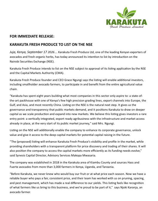 BoardLotSultan's tweet photo. 🚀 Big News in Kenyan Agribusiness! 

Karakuta Fresh Produce Ltd has announced its intention to list by introduction on the Nairobi Securities Exchange (NSE).

Key highlights: 
🥑 Leading exporter of avocados (Hass & Fuerte) & organic herbs 
📍 Sourcing from 3,000+ farmers across Kenya, Uganda, & Tanzania 
📦 Operates a 250-container state-of-the-art packhouse in Nairobi 
💼 Created 1,163 jobs since 2018 
🌍 Exporting to the EU, UAE, Malaysia, India, and targeting China
This move aims to unlock capital, scale production, and allow local farmers to participate directly in the value chain! 📈
#NSE #Agribusiness #Kenya #Karakuta #Investing #Agriculture