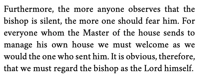 ferrismattic's tweet photo. This, from Ignatius's letter to the Ephesians, shows the divergence from the NT model. Nowhere in the canonical letters do we find such comparison of an elder to the Lord himself. They are under shepherds, who are indeed owed respect and honor, but Paul also contemplates what do to in the case of a bishop who persists in sin.
Ignatius was concerned about the survival of the church in the face of persecution. But, is that not the Lord's business, who promised the gates of hell would not prevail?