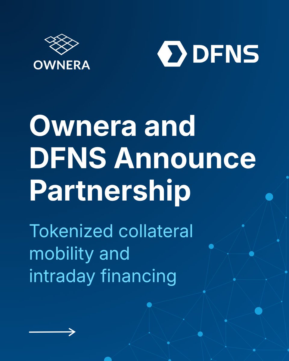 OwneraIO's tweet photo. Ownera and DFNS are partnering to accelerate institutional adoption of tokenized collateral and intraday financing.

As capital markets move from tokenization pilots to production, Ownera and DFNS are working together to simplify how institutions manage and mobilize tokenized assets.

By combining Ownera's FinP2P orchestration network with DFNS' secure wallet, governance and policy controls, institutions can seamlessly move tokenized cash, funds and securities across repo, margin and collateral workflows, unlocking greater efficiency inliquidity management, collateral mobility and funding operations.

Swipe to read more from Ownera’s Ami Ben-David and DFNS’s Clarisse Hagège.