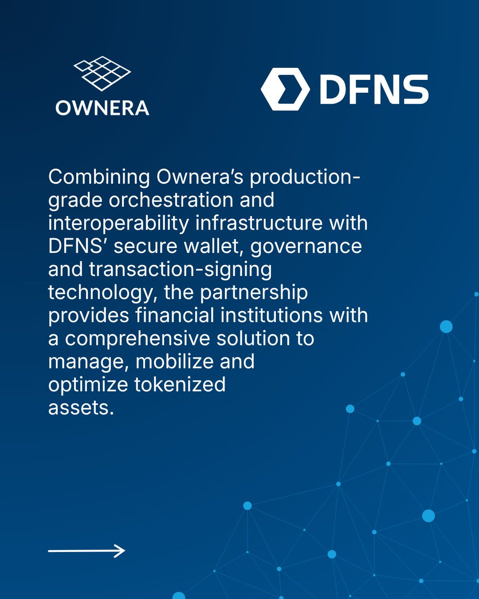 OwneraIO's tweet photo. Ownera and DFNS are partnering to accelerate institutional adoption of tokenized collateral and intraday financing.

As capital markets move from tokenization pilots to production, Ownera and DFNS are working together to simplify how institutions manage and mobilize tokenized assets.

By combining Ownera's FinP2P orchestration network with DFNS' secure wallet, governance and policy controls, institutions can seamlessly move tokenized cash, funds and securities across repo, margin and collateral workflows, unlocking greater efficiency inliquidity management, collateral mobility and funding operations.

Swipe to read more from Ownera’s Ami Ben-David and DFNS’s Clarisse Hagège.
