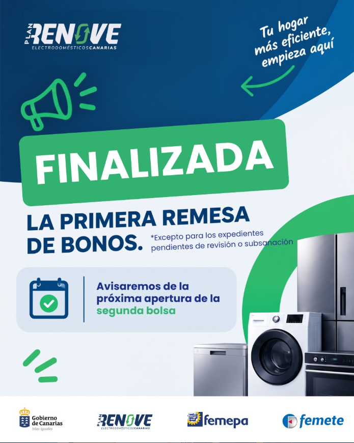 Femete's tweet photo. ✅ Finaliza la primera remesa de bonos

La primera bolsa de bonos del Plan Renove de Electrodomésticos de Canarias ha concluido (excepto para los expedientes pendientes de revisión o subsanación). 🧵👇 https://t.co/rwBnQMbznq