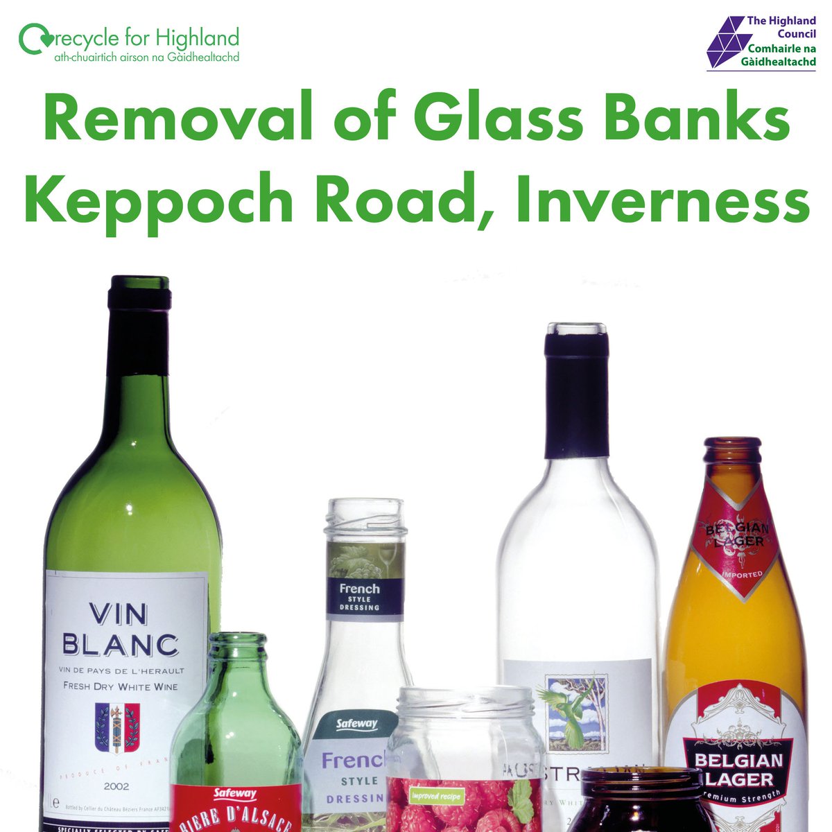 RecycleHighland's tweet photo. As of Thursday 17/09/26 the glass banks at Keppoch Road, Culloden, Inverness will be removed to allow the car park to be upgraded.  
The nearest glass banks are at Caulfield Road, Cradlehall and Tesco Retail Park at the A96.
Apologies for any inconvenience this may cause. https://t.co/tg2k9SBaGl