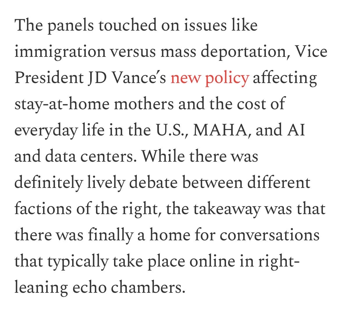 docMJP's tweet photo. “The left isn’t used to seeing a party hold productive arguments with itself in the open. And while the event did not settle immigration, family policy, public health, or the AI question. It did force the people who will write the next decade’s rules into the same room to hold these discussions for the everyday American to witness.

And to Peterson’s point, a majority coalition that cannot do that will not remain a majority for long. Wednesday in Irving suggested that at least some of the right is finished treating every internal fight as betrayal. Instead, it showed that it is possible to go about doing the ordinary work of power.”

—@MaryRooke_, @DailyCaller writing about @ApplyToForum. Maybe you join us next time?