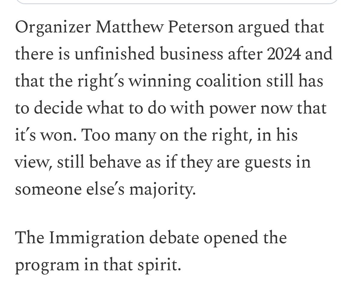 docMJP's tweet photo. “The left isn’t used to seeing a party hold productive arguments with itself in the open. And while the event did not settle immigration, family policy, public health, or the AI question. It did force the people who will write the next decade’s rules into the same room to hold these discussions for the everyday American to witness.

And to Peterson’s point, a majority coalition that cannot do that will not remain a majority for long. Wednesday in Irving suggested that at least some of the right is finished treating every internal fight as betrayal. Instead, it showed that it is possible to go about doing the ordinary work of power.”

—@MaryRooke_, @DailyCaller writing about @ApplyToForum. Maybe you join us next time?