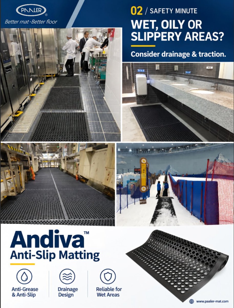 PAALERMat's tweet photo. Wet, oily or slippery areas? Today’s PAALER Safety Minute: Andiva™ Anti-Fatigue Matting — designed for drainage and traction in demanding work environments.  #FloorSafety #IndustrialSafety #AntiSlip #Andiva #PAALER #AntiFatigueMat #WorkplaceSafety #NSC2026 https://t.co/Hw6gQkZII3
