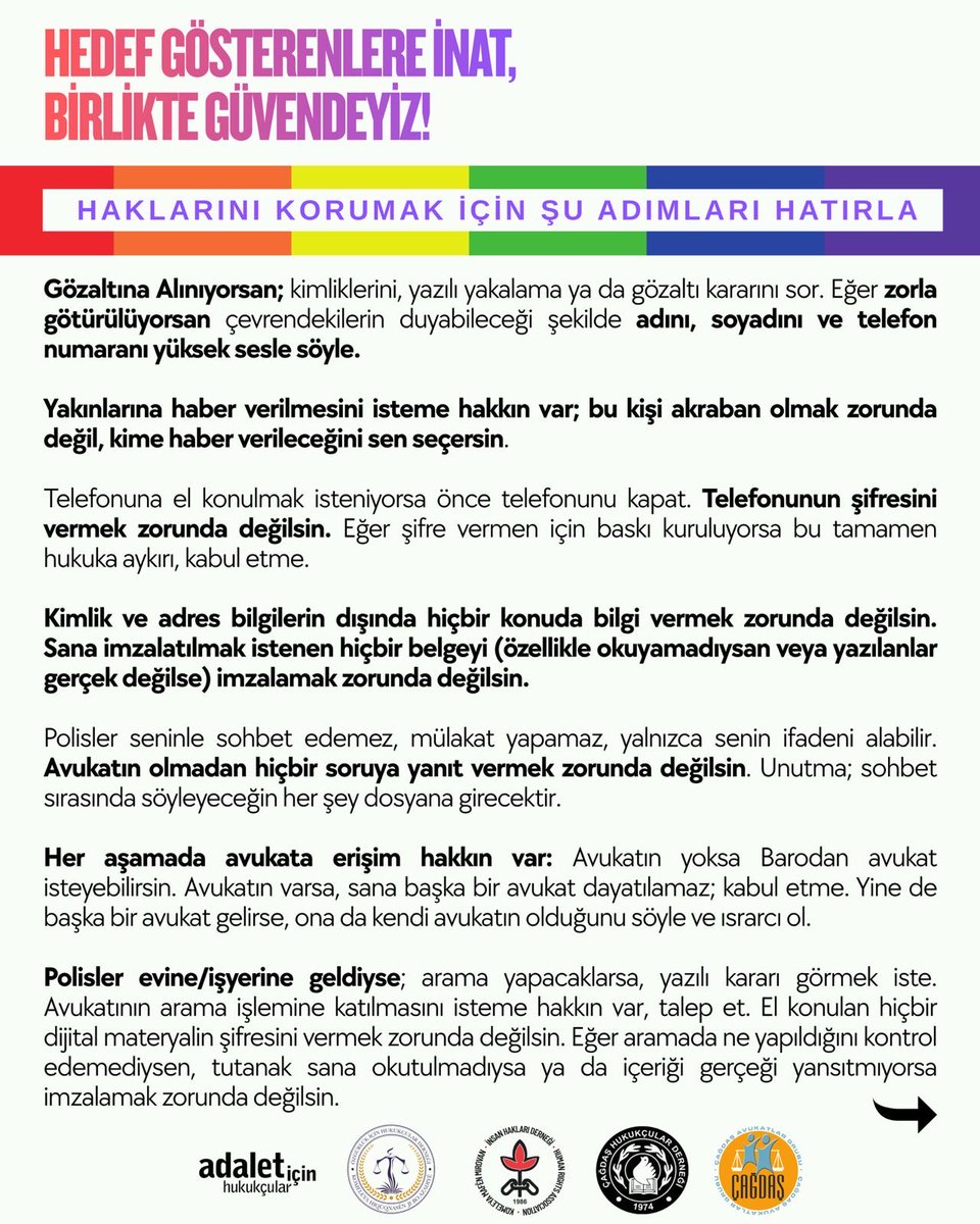 aih_genel's tweet photo. Hedef Gösterenlere İnat, Birlikte Güvendeyiz!

Haklarımızı bilmek, korumak ve dayanışmayı büyütmek için gözaltı, arama ve ifade süreçlerinde bilinmesi gereken temel adımları paylaşıyoruz. https://t.co/HPfGJRRMPu