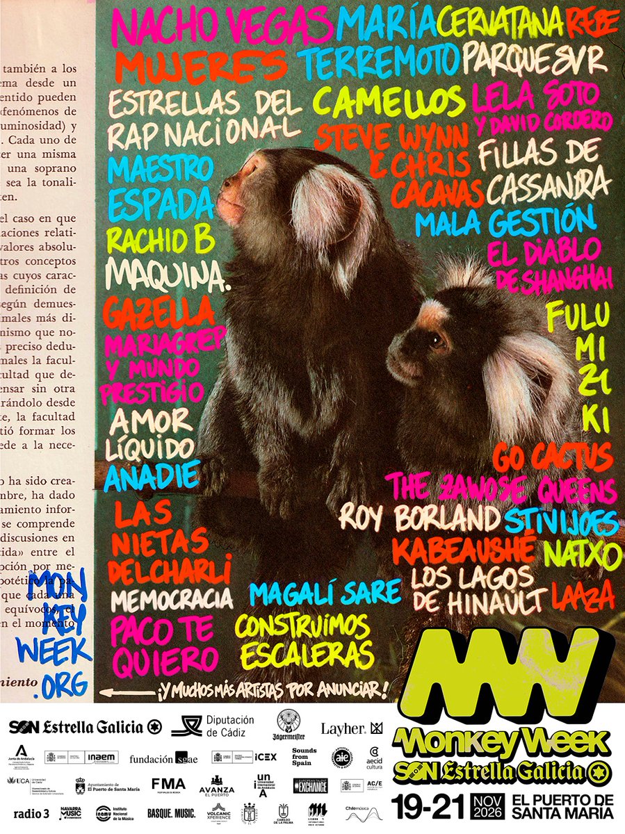 Monkeyweek's tweet photo. Este es solo un primer avance de todas las bandacas que nos acompañarán en el 18ª Monkey Week @SON_EG, que se celebrará desde el 19 al 21 de noviembre en @ElPuerto ⚓️😎

Pilla abonos (para tres días, el finde o modo pro) a precio deluxe en @dicefm👇 
https://t.co/4qVqg3ZAxG https://t.co/VvfNKMeAZv