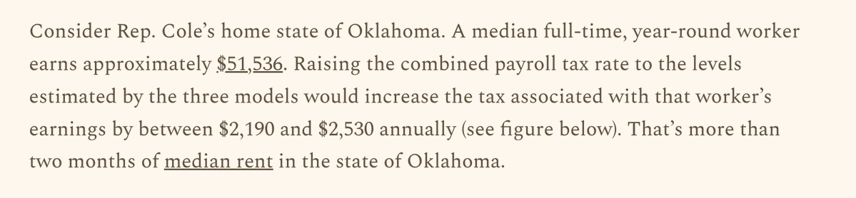 GreenPlusAnE's tweet photo. Rep. Tom Cole (R) is "willing" to hike payroll taxes in order to protect Social Security benefits for the idle rich.

Raising payroll taxes to a level necessary to perpetuate SS would cost the median Oklahoman worker over $2,000 a year. More than two month's rent. 

Your new, pro-worker Republican party, ladies and gentlemen. 

via @RominaBoccia