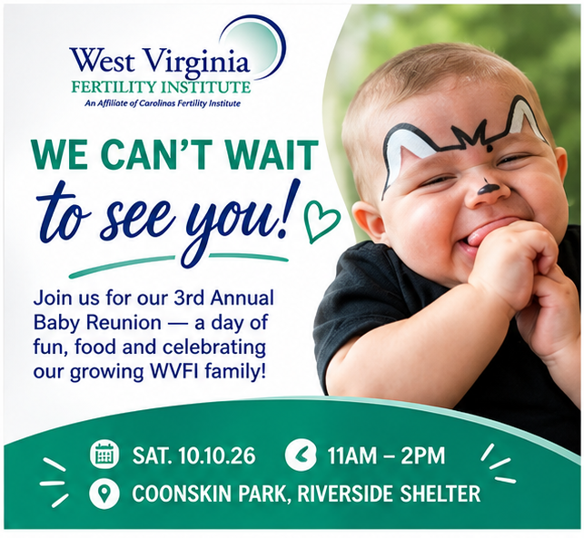 FertilityWV's tweet photo. The WVFI Baby Reunion is back! 
Join us for an afternoon filled with family, fun, games, and food.

Saturday, October 10, 2026
11:00 AM–2:00 PM
Coonskin Park – Riverside Shelter
375 Henry C Hoppy Shores Dr., Charleston, WV 25311

Please RSVP:
https://t.co/VcBE93Pakz https://t.co/57IVKtzkys