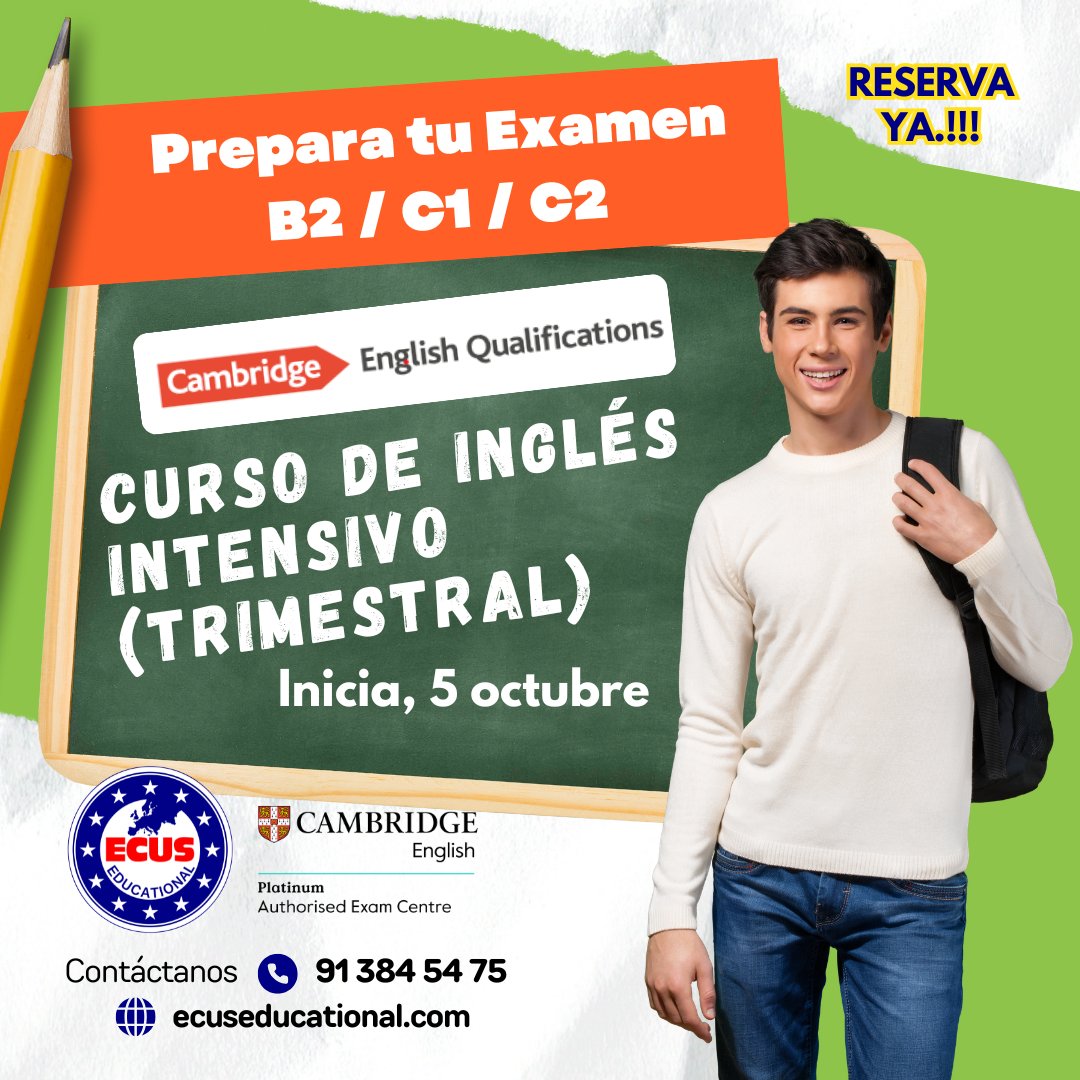 EcusEducational's tweet photo. ¿Necesitas preparar tu nivel de inglés  B2/C1/C2? En Ecus Educational tenemos matricula abierta para las preparaciones de los Exámenes Oficiales de Cambridge English, somos Centro Examinador Oficial Platino ven y reserva tu plaza. Contactanos https://t.co/AErMcJlRnJ ☎️91 3845475 https://t.co/8x0dadgNeD